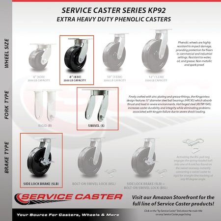 Service Caster 8 Inch Extra Heavy Duty Phenolic Wheel Swivel Caster Set with 2 Brakes, 4PK SCC-KP92S830-PHR-2-SLB-2